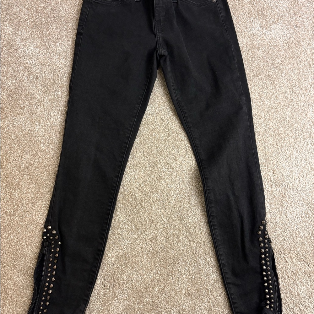 Current/Elliott Black Skinny Jeans with Stud & Ankle Zipper Detail